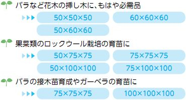 バラなど花木の挿し木に、もはや必需品。果菜類のロックウール栽培の育苗に。バラの接木苗育成やガーベラの育苗に。